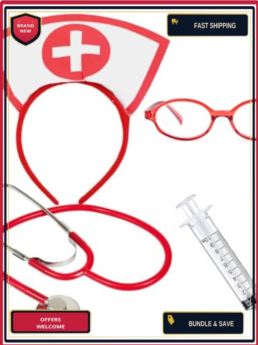 Nurse Costume Accessory Set 4Pc Nurse Hat Headband Stethoscope Glasses